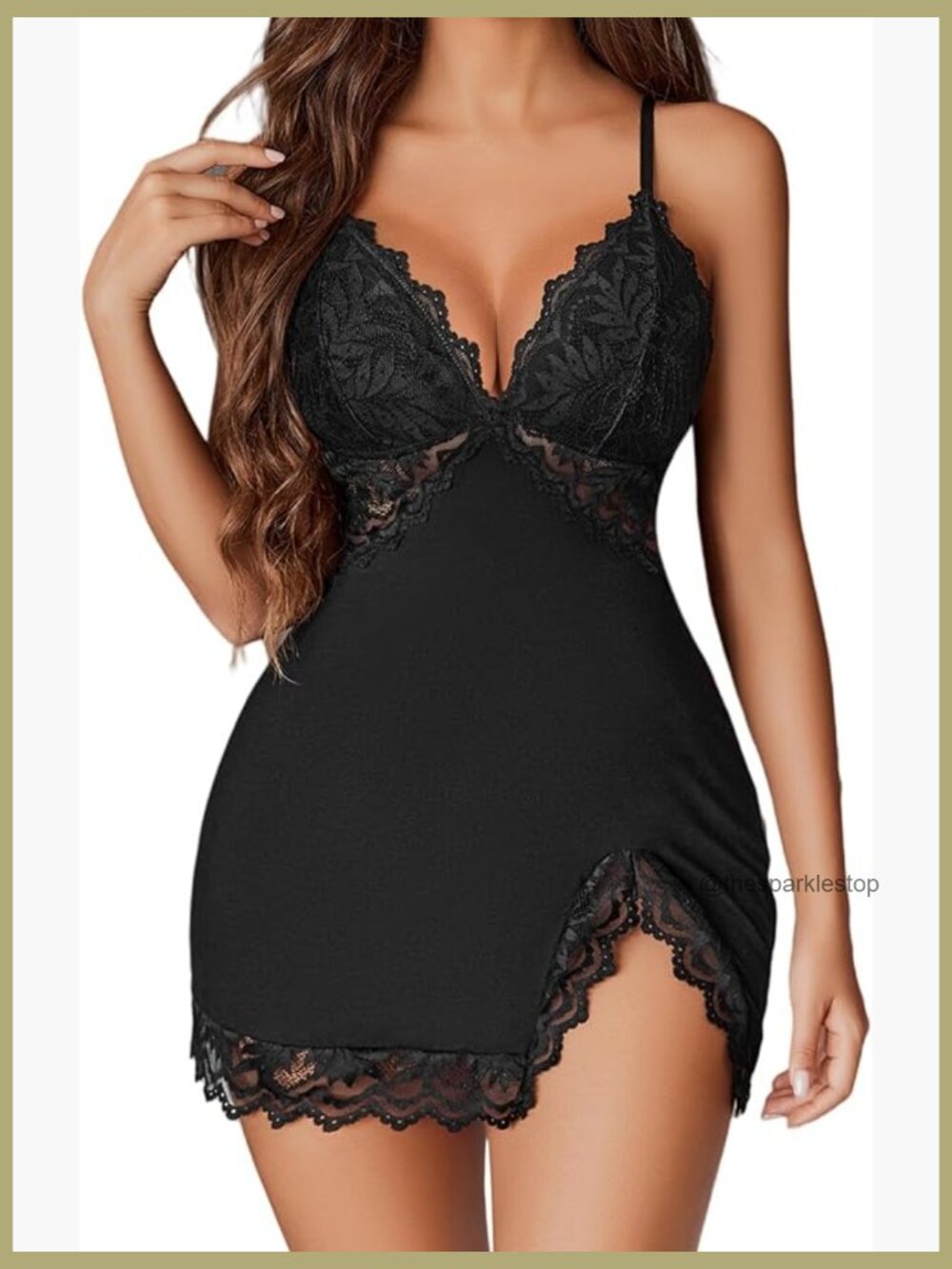 Lace Modal Chemise Nightgown with Spaghetti Straps V-Neck Slit